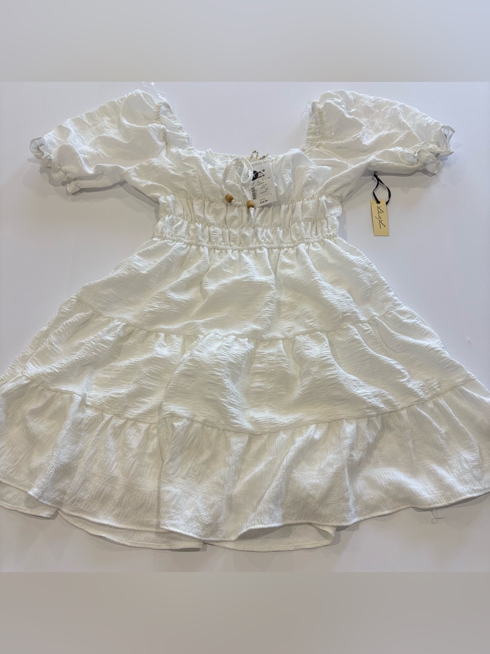 Liberty Love White Tiered Peasant Mini Dress Puff Sleeve NWT Medium
